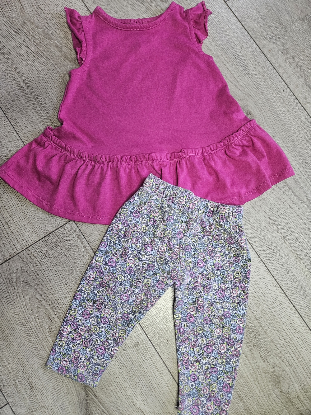 Joe Fresh & George Baby Girls 2-Piece Set Pink Peplum Top Floral Leggings 3-6M🩷